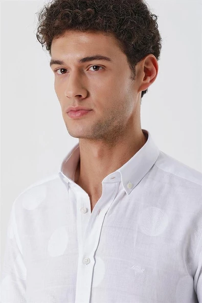 Beyaz Kısalabilir Kollu Desenli JakarlıCepsiz %100 Pamuk Casual Slim Fit Gömlek 1004230183 - Resim 5