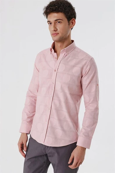 Pudra Kısalabilir Kollu Desenli JakarlıCepsiz %100 Pamuk Casual Slim Fit Gömlek 1004230183