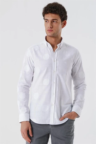 Beyaz Kısalabilir Kollu Desenli JakarlıCepsiz %100 Pamuk Casual Slim Fit Gömlek 1004230183