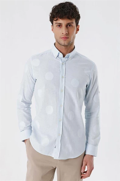 Koyu Mavi Kısalabilir Kollu Desenli JakarlıCepsiz %100 Pamuk Casual Slim Fit Gömlek 1004230183