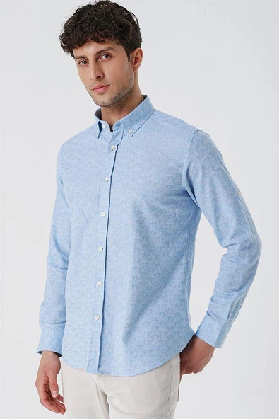 Koyu Mavi Kısalabilir Kollu Desenli JakarlıCepsiz %100 Pamuk Casual Slim Fit Gömlek 1004230181