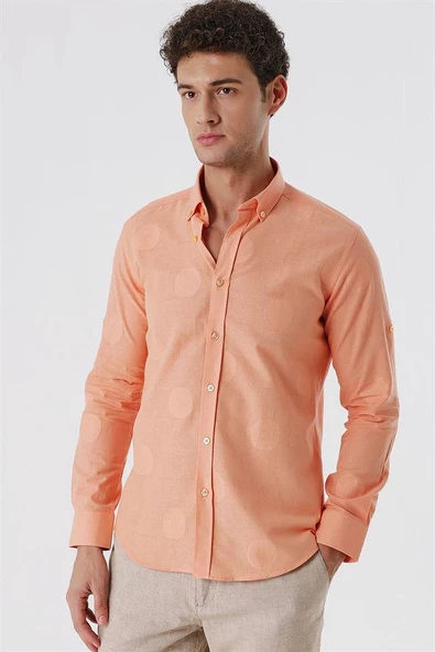 Somon Kısalabilir Kollu Desenli JakarlıCepsiz %100 Pamuk Casual Slim Fit Gömlek 1004230183