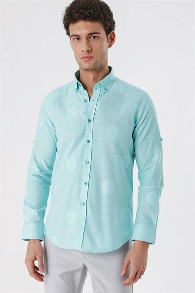 Açık Yeşil Kısalabilir Kollu Desenli JakarlıCepsiz %100 Pamuk Casual Slim Fit Gömlek 1004230183