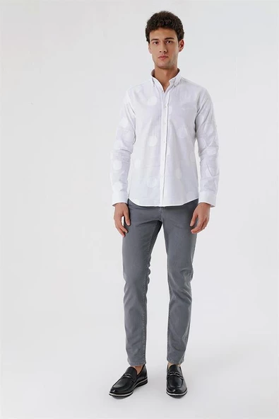 Beyaz Kısalabilir Kollu Desenli JakarlıCepsiz %100 Pamuk Casual Slim Fit Gömlek 1004230183 - Resim 4