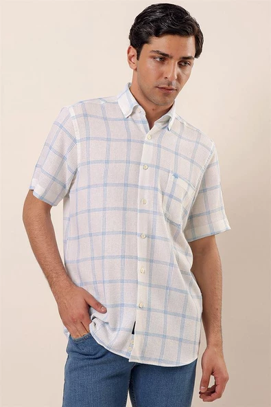 Koyu Mavi Kısa Kollu EkoseliCepli %100 Pamuk Klasik Comfort Fit Rahat Kesim Gömlek 1004230173 ürün görseli