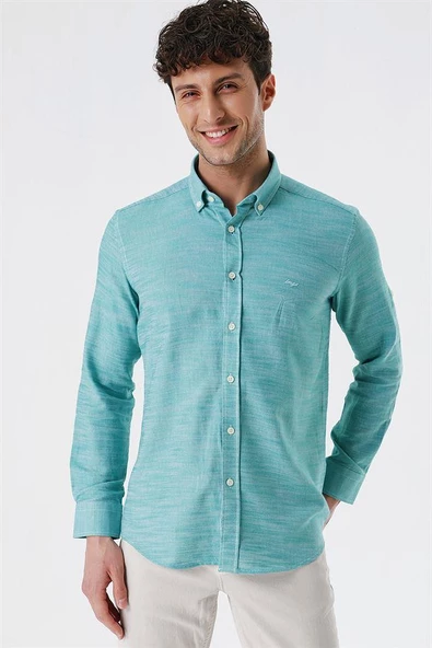 Yeşil Kısalabilir Kollu Gabardin Cepsiz %100 Pamuk Casual Slim Fit Dar Kesim Gömlek 1004230180