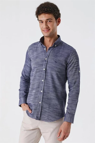 Koyu Lacivert Kısalabilir Kollu Gabardin Cepsiz Casual Slim Fit Gömlek 1004230180