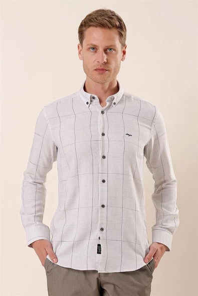 Gri Uzun Kollu Kareli Cepsiz Klasik Slim Fit Dar Kesim Gömlek 1004230175