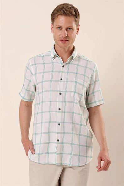 Yeşil Kısa Kollu EkoseliCepli %100 Pamuk Klasik Comfort Fit Rahat Kesim Gömlek 1004230173