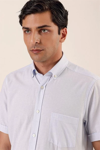 Mavi Kısa Kollu DesenliCepli Pamuklu Klasik Comfort Fit Rahat Kesim Gömlek 1004230158 - Resim 4