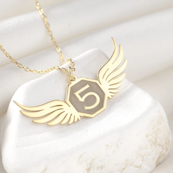 925 Ayar Gümüş Melek Kanadı ve Sayı Detaylı  Kolye - Resim 6