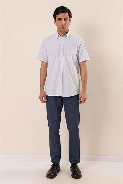 Mavi Kısa Kollu DesenliCepli Pamuklu Klasik Comfort Fit Rahat Kesim Gömlek 1004230158 - Resim 2