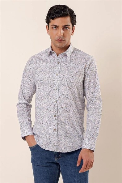 Mavi Uzun Kollu Baskılı Sert Yaka Cepsiz Pamuklu Likralı Casual Slim Fit Gömlek 1004230135