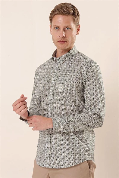 Beyaz Uzun Kollu Baskılı Cepsiz Pamuklu Likralı Casual Slim Fit Dar Kesim Gömlek 1004230134