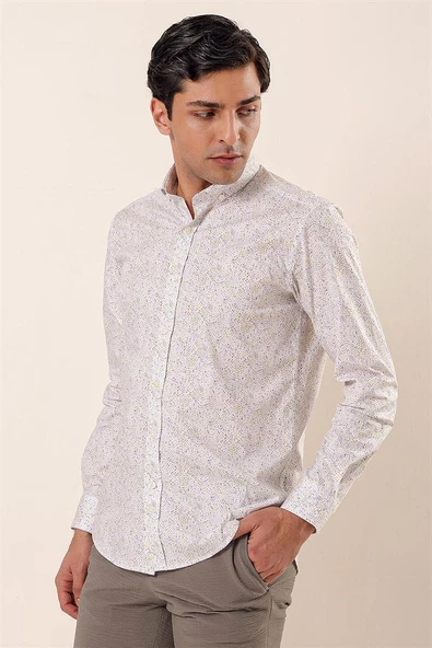 Sarı Uzun Kollu Baskılı Cepsiz Pamuklu Likralı Casual Slim Fit Dar Kesim Gömlek 1004230136