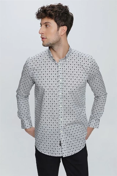 Gri Uzun Kol Klasik Slim Fit Pamuklu Likralı Gömlek 1004225246