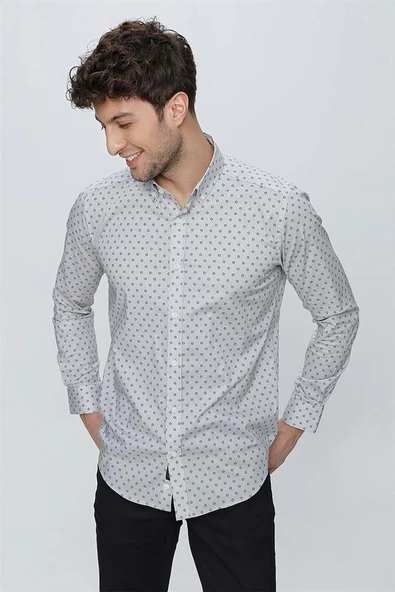 Gri Uzun Kol Klasik Slim Fit Pamuklu Likralı Gömlek 1004225247 ürün görseli 1