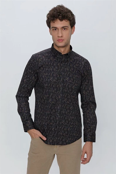 Koyu Lacivert Uzun Kol Klasik Slim Fit Pamuklu Likralı Gömlek 1004225245 - Resim 2