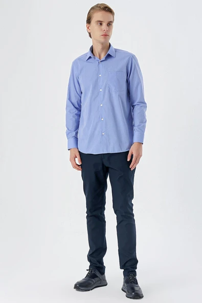 Mavi Uzun Kollu Filafil Desen Filafil Sert Yaka Cepli Pamuklu Basic Comfort Gömlek 1004230002 - Resim 2