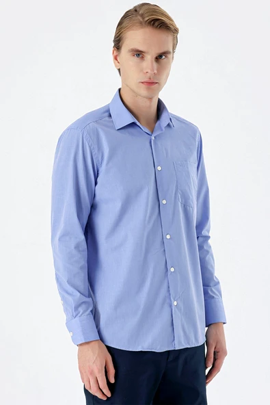 Mavi Uzun Kollu Filafil Desen Filafil Sert Yaka Cepli Pamuklu Basic Comfort Gömlek 1004230002 - Resim 4