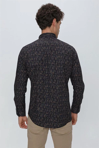 Koyu Lacivert Uzun Kol Klasik Slim Fit Pamuklu Likralı Gömlek 1004225245 - Resim 6