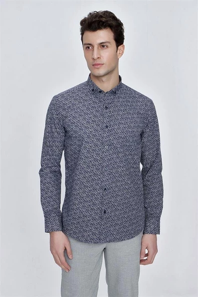 Koyu Lacivert Uzun Kol Gömlek Yaka Klasik Slim Fit Pamuklu Gömlek 1004225223