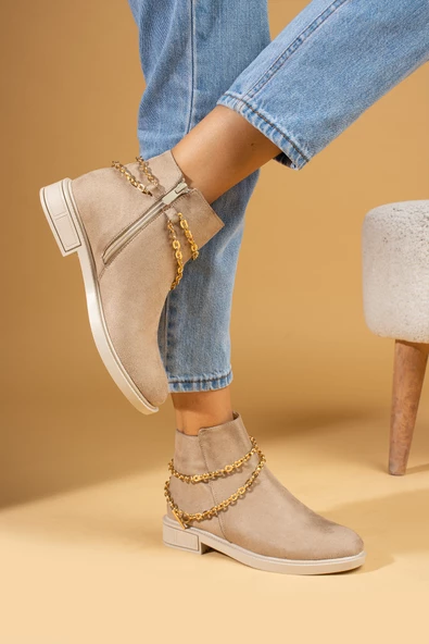 Pembe Potin Gold Zincir Detaylı Fermuarlı Sıcak Astar Bilekte Kadın Bot 57-2005-24Süet - Resim 3