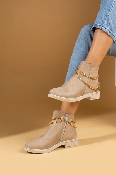 Pembe Potin Gold Zincir Detaylı Fermuarlı Sıcak Astar Bilekte Kadın Bot 57-2005-24Süet - Resim 2