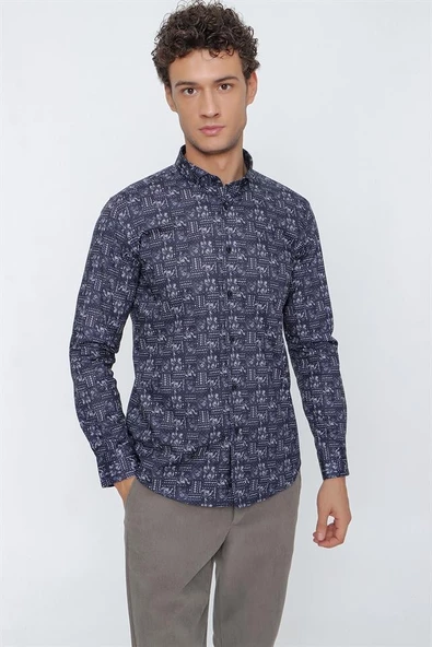 Koyu Lacivert Uzun Kol Baskılı  Pamuklu Likralı Slim Fit Dar Kesim Klasik Gömlek 1004225159