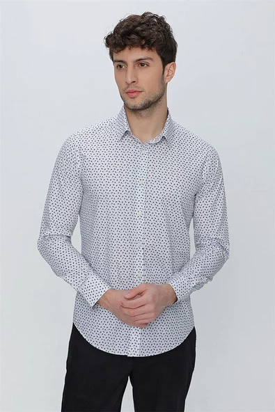 Gri Uzun Kol Baskılı Sert Yaka  Slim Fit Dar Kesim Klasik Gömlek 1004225130