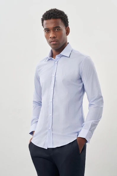 Mavi Uzun Kol Filafil Sert Yaka  Slim Fit Dar Kesim Basic Gömlek 1004225008 - Resim 3