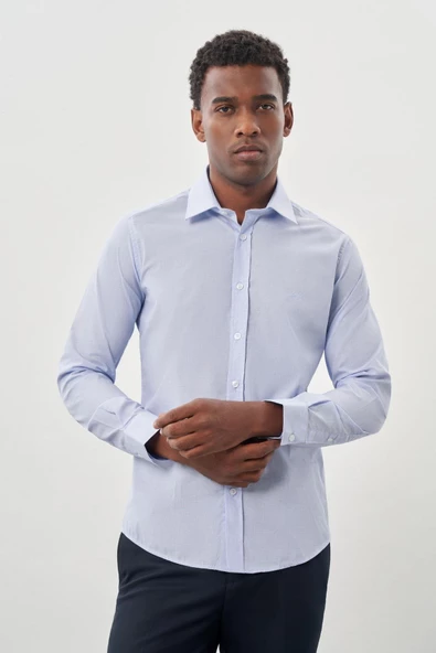 Mavi Uzun Kol Filafil Sert Yaka  Slim Fit Dar Kesim Basic Gömlek 1004225008