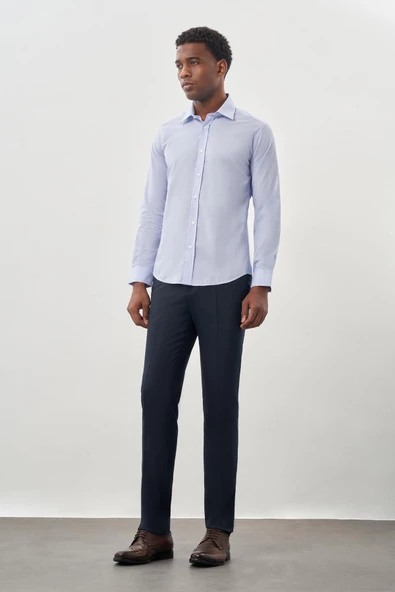 Mavi Uzun Kol Filafil Sert Yaka  Slim Fit Dar Kesim Basic Gömlek 1004225008 - Resim 2