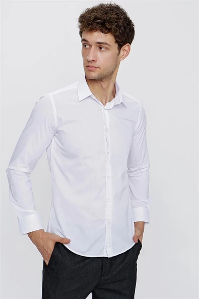 Beyaz Uzun Kol Sert Yaka  Slim Fit Dar Kesim Basic Gömlek 1004225057