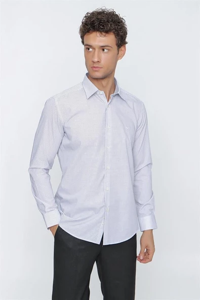Koyu Lacivert Uzun Kol Baskılı Biritli Yaka  Slim Fit Dar Kesim Klasik Gömlek 1004220922