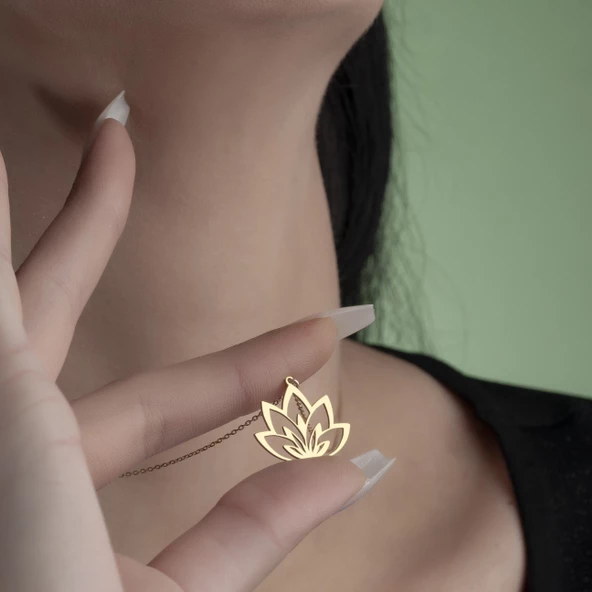 925 Ayar Gümüş Lotus Çiçeği Figürlü Kolye - 6