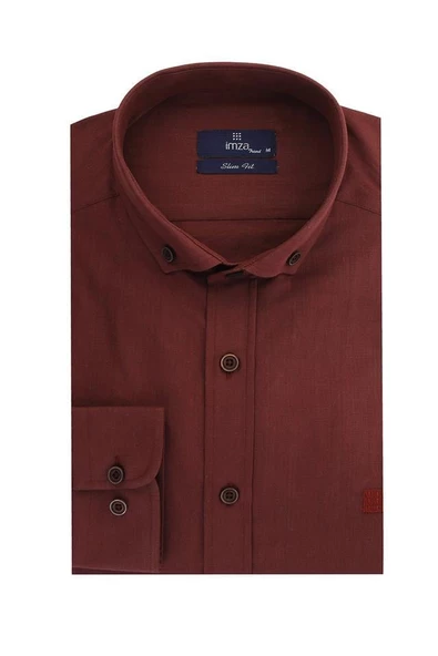 Bordo Kısalabilir Kol  Biyeli %100 Pamuk Slim Fit Dar Kesim Casual Gömlek 1004220185