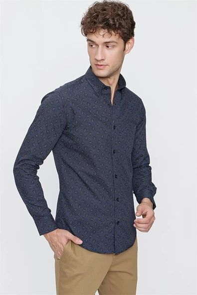Koyu Kahverengi Uzun Kol Baskılı Düğmeli Yaka  Slim Fit Dar Kesim Klasik Gömlek 1004220274