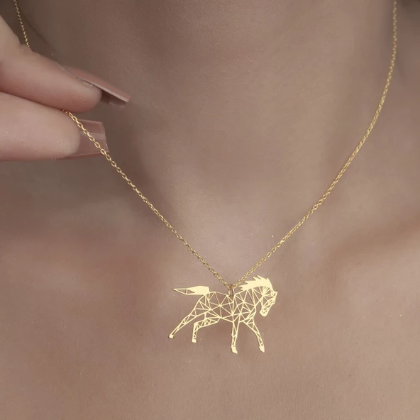 925Ayar Gümüş Origami At Figürlü Kolye Özel Tasarım - Resim 5