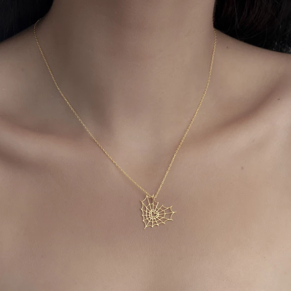 925 Ayar Gümüş Kalp ve Örümcek Ağı Detaylı Kolye ürün görseli 1