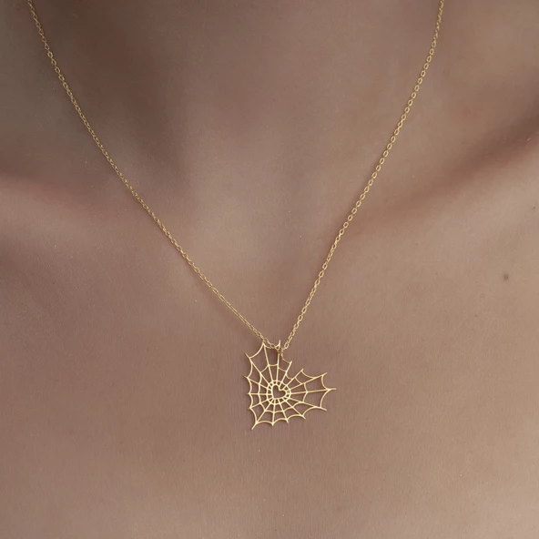 925 Ayar Gümüş Kalp ve Örümcek Ağı Detaylı Kolye - Resim 5