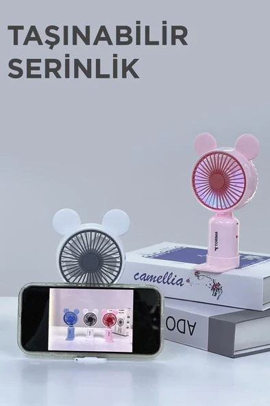 Torima F-12 Mavi Mini Taşınabilir Fan Şarjlı 2 Kademeli Ledli Ayıcık Kulak Vantilatör Klima Soğutucu Fan - 5