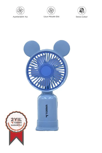 Torima F-12 Mavi Mini Taşınabilir Fan Şarjlı 2 Kademeli Ledli Ayıcık Kulak Vantilatör Klima Soğutucu Fan