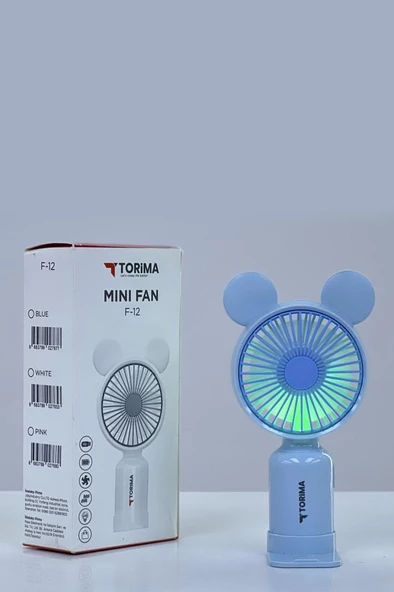 Torima F-12 Mavi Mini Taşınabilir Fan Şarjlı 2 Kademeli Ledli Ayıcık Kulak Vantilatör Klima Soğutucu Fan - 2