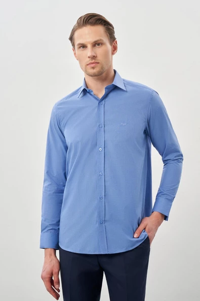 Mavi Uzun Kol Filafil Sert Yaka  Slim Fit Dar Kesim Basic Gömlek 1004210008 - Resim 3