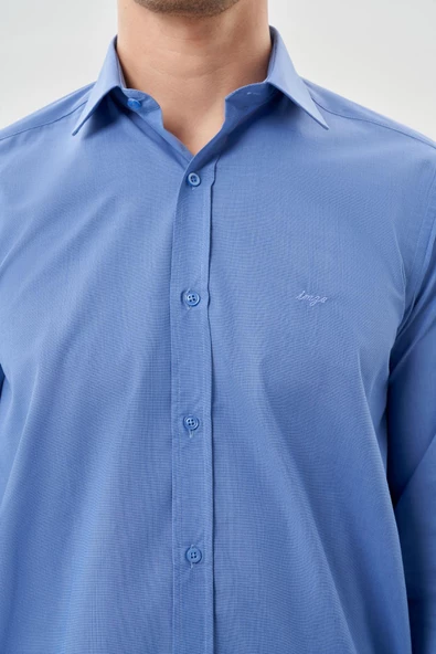 Mavi Uzun Kol Filafil Sert Yaka  Slim Fit Dar Kesim Basic Gömlek 1004210008 - Resim 4