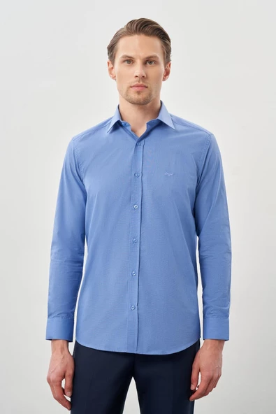 Mavi Uzun Kol Filafil Sert Yaka  Slim Fit Dar Kesim Basic Gömlek 1004210008
