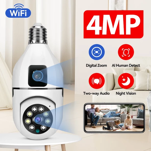 4MP Ampul Kablosuz Wifi Kamera Çift Lens  IP 2 Yönlü Ses Otomatik İzleme AI İnsansı Algılama