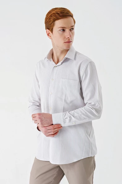 Bej Uzun Kollu Çizgili  İtalyan Yaka Cepsiz Garnili Pamuklu Klasik Slim Fit Gömlek 1004240151