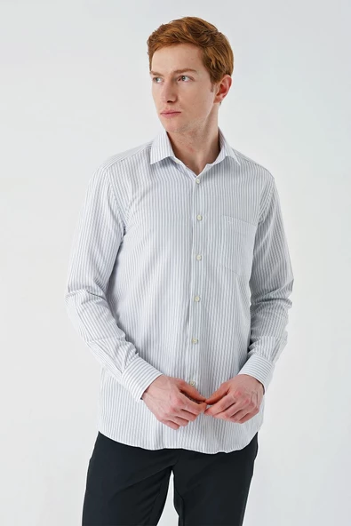 Gri Uzun Kollu Çizgili  İtalyan Yaka Cepsiz Garnili Pamuklu Klasik Slim Fit Gömlek 1004240151